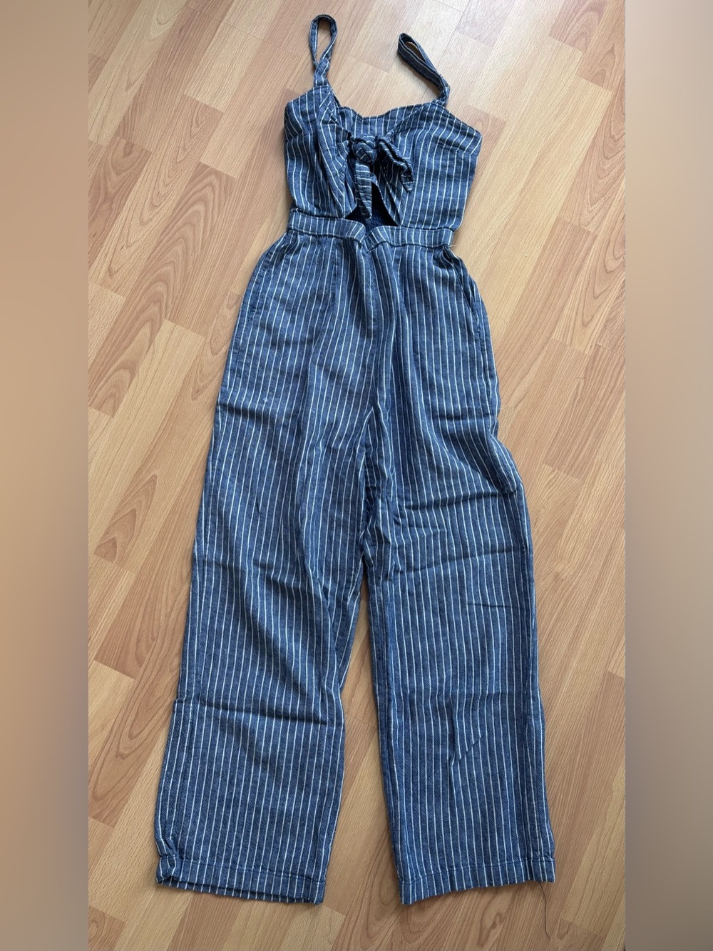 Abercrombie & Fitch Blue and White Striped Tie-Front Wide-Leg Jumpsuit